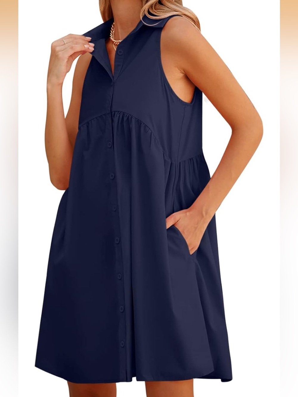 Sleeveless Navy Button-Front A-Line Dress